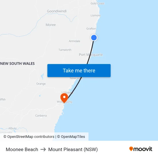 Moonee Beach to Mount Pleasant (NSW) map