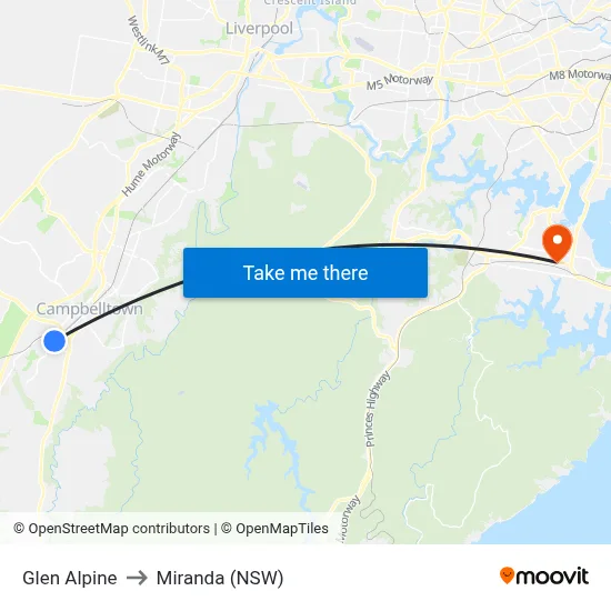 Glen Alpine to Miranda (NSW) map