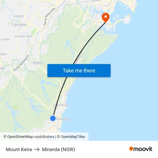 Mount Keira to Miranda (NSW) map