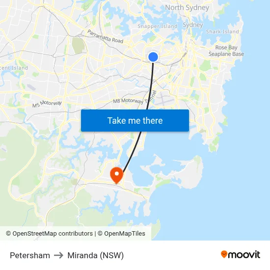 Petersham to Miranda (NSW) map