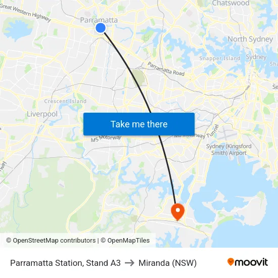 Parramatta Station, Stand A3 to Miranda (NSW) map