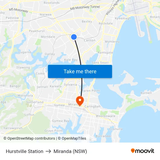 Hurstville Station to Miranda (NSW) map
