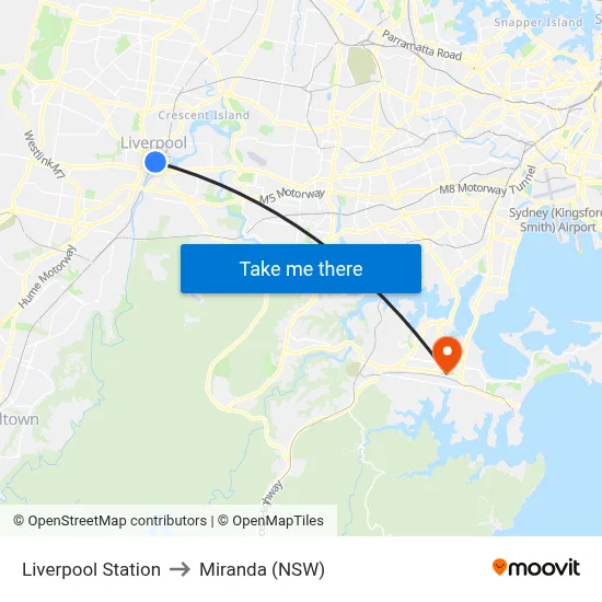 Liverpool Station to Miranda (NSW) map