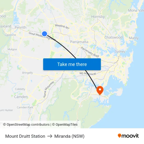 Mount Druitt Station to Miranda (NSW) map