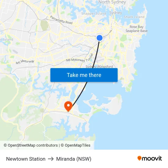 Newtown Station to Miranda (NSW) map