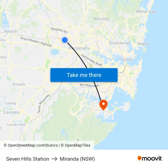 Seven Hills Station to Miranda (NSW) map