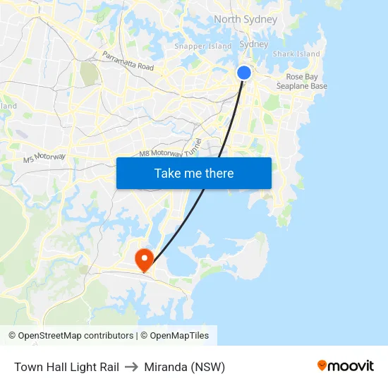 Town Hall Light Rail to Miranda (NSW) map