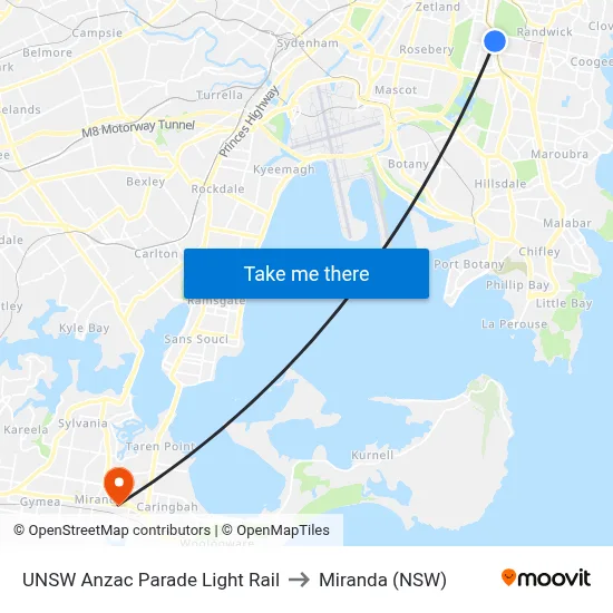 UNSW Anzac Parade Light Rail to Miranda (NSW) map