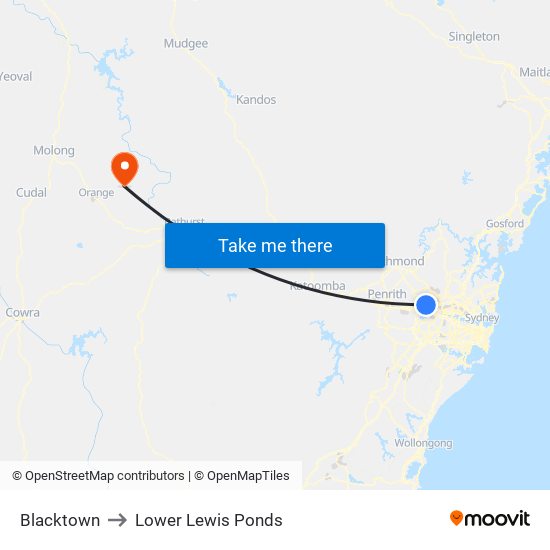 Blacktown to Lower Lewis Ponds map