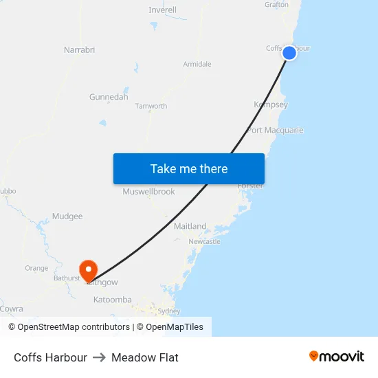 Coffs Harbour to Meadow Flat map