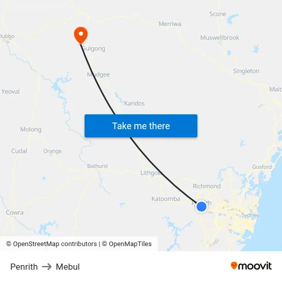Penrith to Mebul map