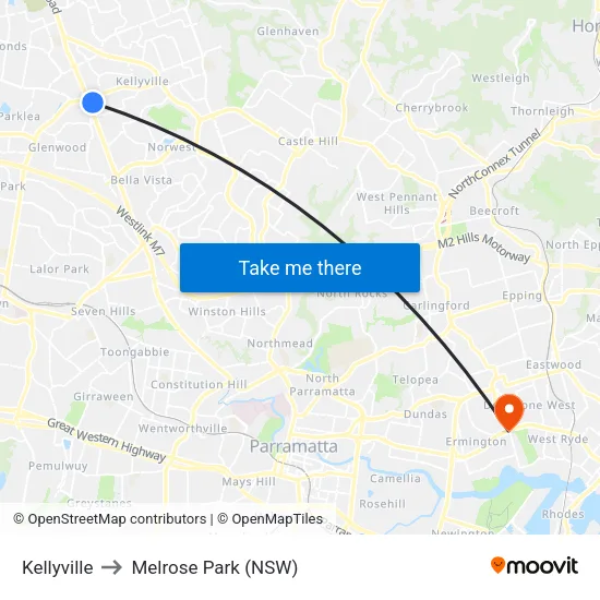 Kellyville to Melrose Park (NSW) map