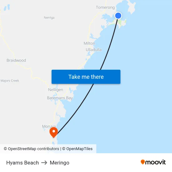 Hyams Beach to Meringo map