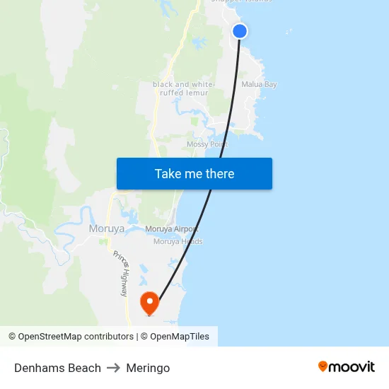 Denhams Beach to Meringo map