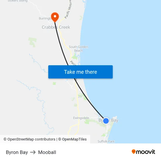 Byron Bay to Mooball map