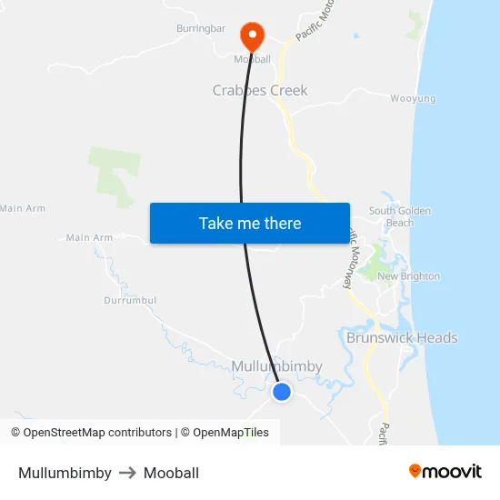 Mullumbimby to Mooball map