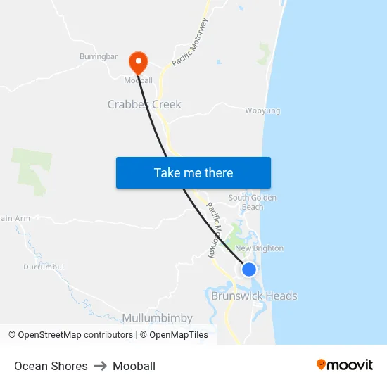 Ocean Shores to Mooball map