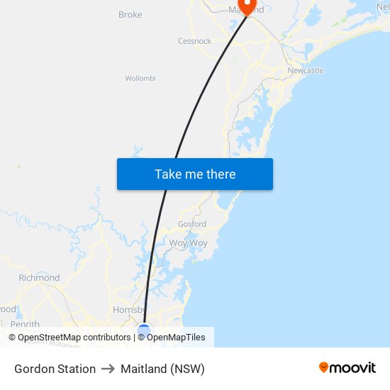 Gordon Station to Maitland (NSW) map