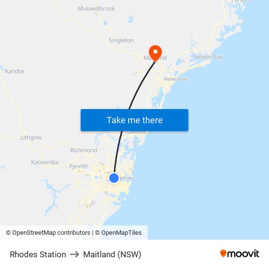 Rhodes Station to Maitland (NSW) map