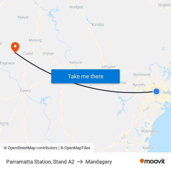 Parramatta Station, Stand A2 to Mandagery map