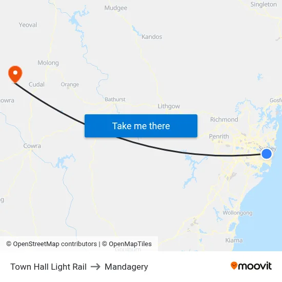 Town Hall Light Rail to Mandagery map