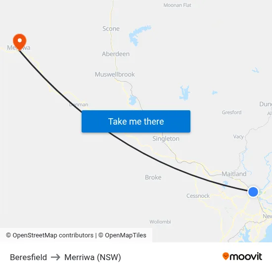 Beresfield to Merriwa (NSW) map