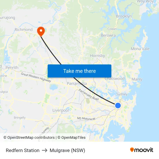 Redfern Station to Mulgrave (NSW) map