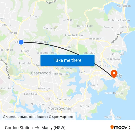 Gordon Station to Manly (NSW) map