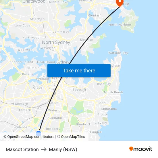 Mascot Station to Manly (NSW) map