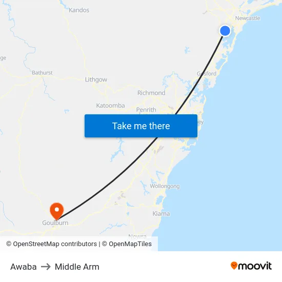 Awaba to Middle Arm map