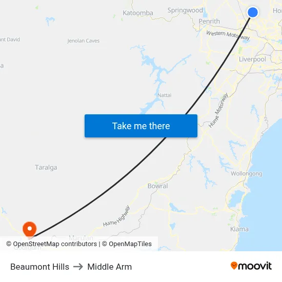 Beaumont Hills to Middle Arm map