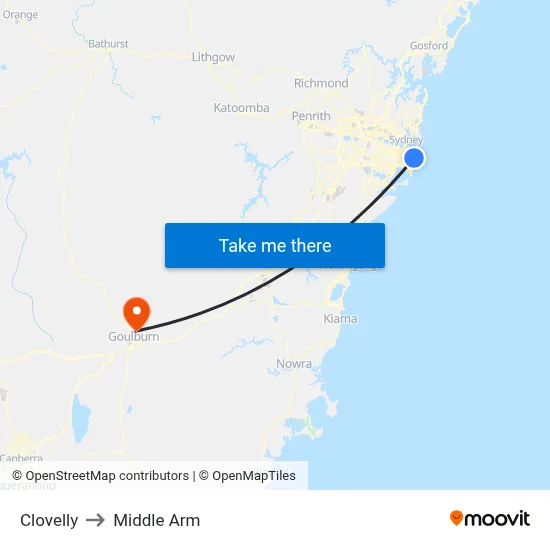 Clovelly to Middle Arm map