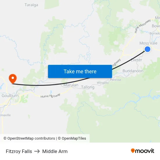Fitzroy Falls to Middle Arm map