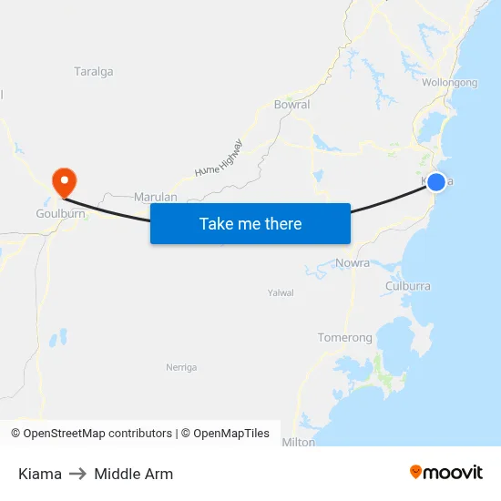 Kiama to Middle Arm map