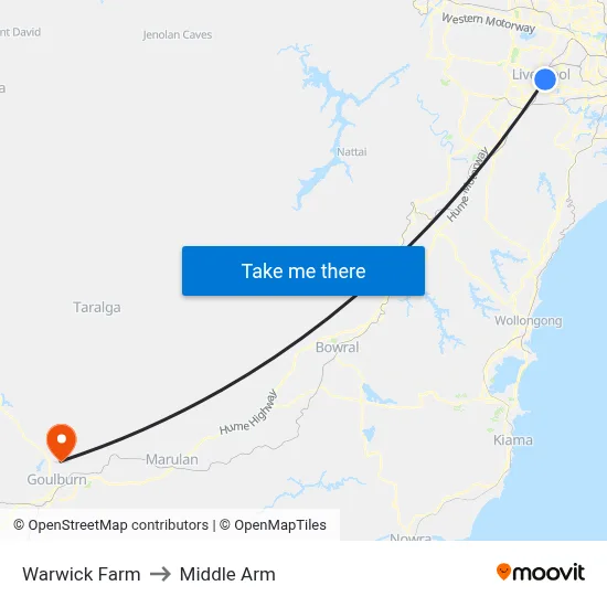 Warwick Farm to Middle Arm map