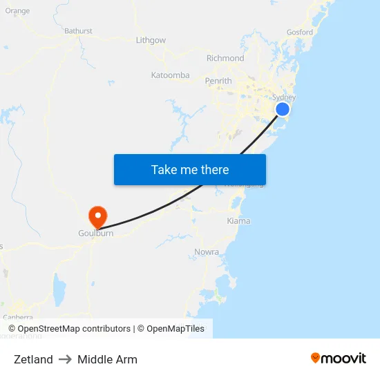 Zetland to Middle Arm map