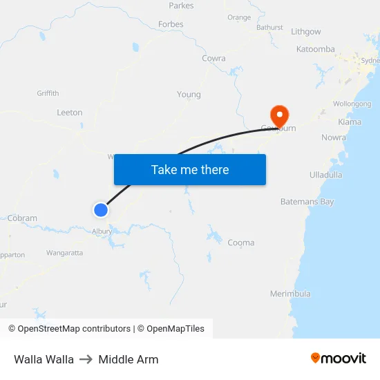Walla Walla to Middle Arm map