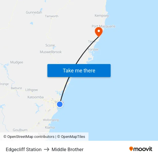 Edgecliff Station to Middle Brother map