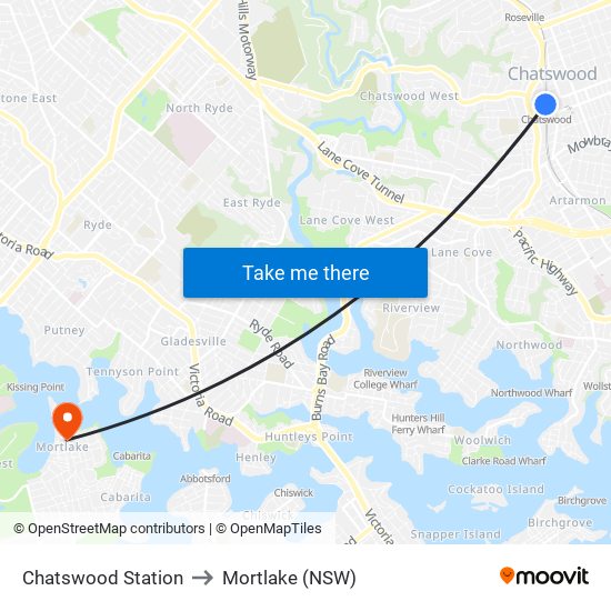 Chatswood Station to Mortlake (NSW) map