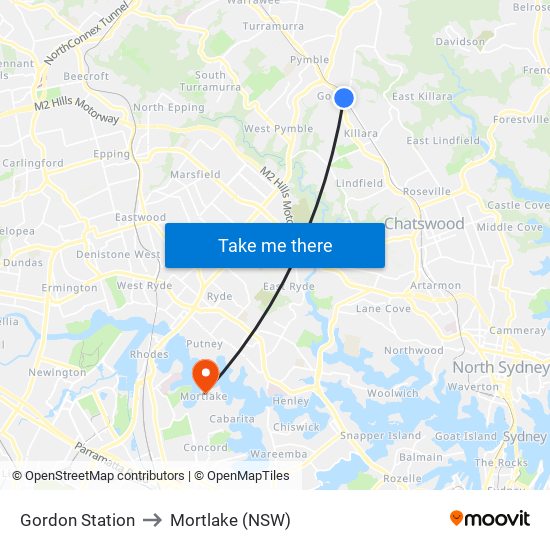 Gordon Station to Mortlake (NSW) map