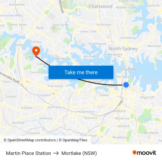 Martin Place Station to Mortlake (NSW) map