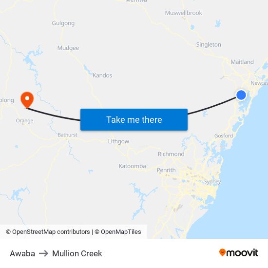 Awaba to Mullion Creek map