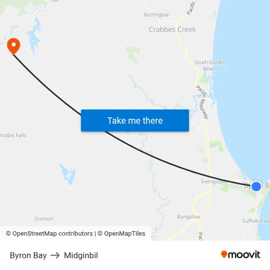 Byron Bay to Midginbil map