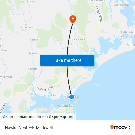 Hawks Nest to Markwell map