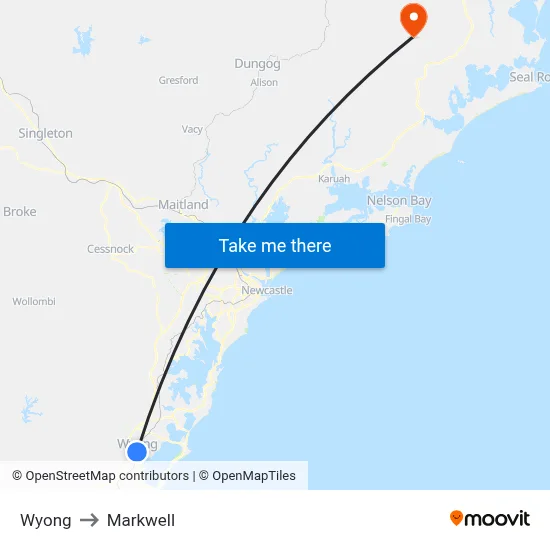 Wyong to Markwell map