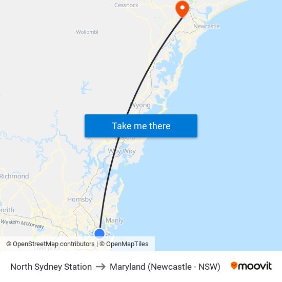North Sydney Station to Maryland (Newcastle - NSW) map