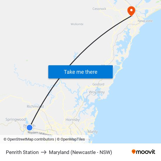 Penrith Station to Maryland (Newcastle - NSW) map
