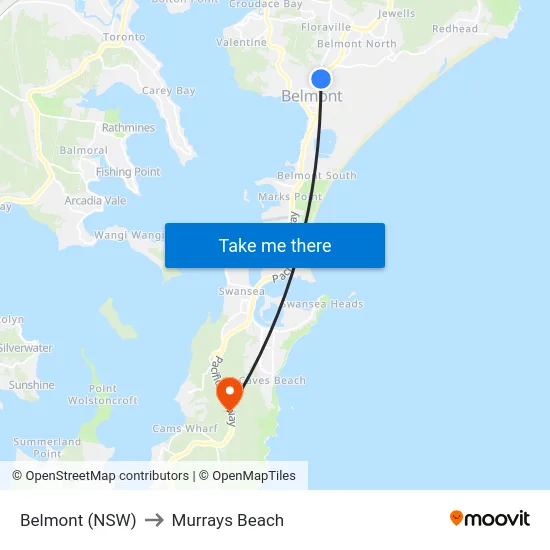 Belmont (NSW) to Murrays Beach map