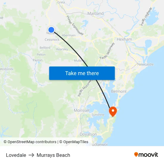 Lovedale to Murrays Beach map
