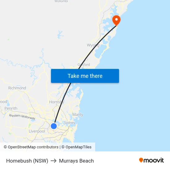Homebush (NSW) to Murrays Beach map